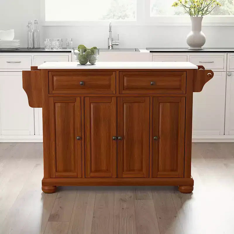 Alexandria Stone Top Full Size Kitchen Island/Cart Cherry/White - Crosley: Wood Frame, Granite Surface, 4 Doors, 5 Drawers