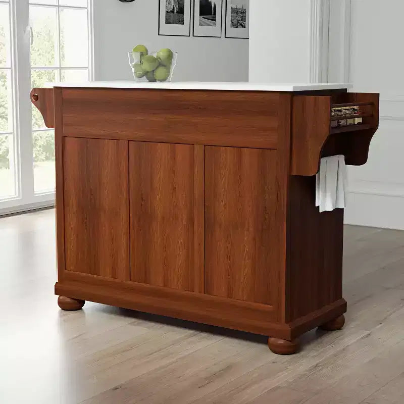 Alexandria Stone Top Full Size Kitchen Island/Cart Cherry/White - Crosley: Wood Frame, Granite Surface, 4 Doors, 5 Drawers