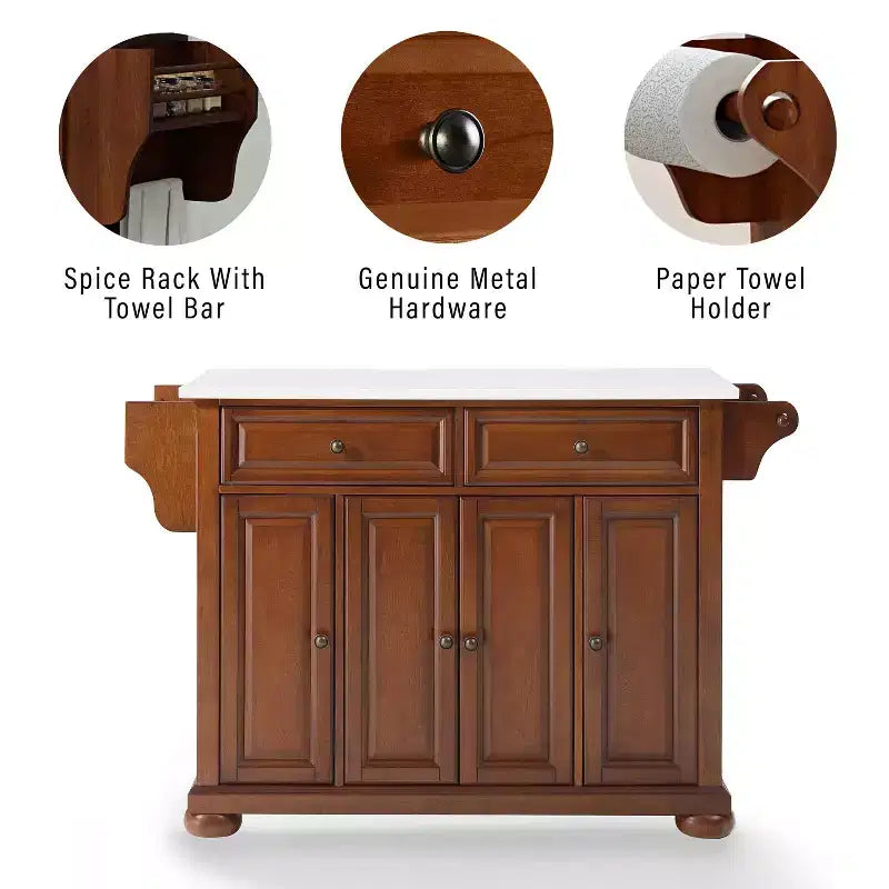 Alexandria Stone Top Full Size Kitchen Island/Cart Cherry/White - Crosley: Wood Frame, Granite Surface, 4 Doors, 5 Drawers