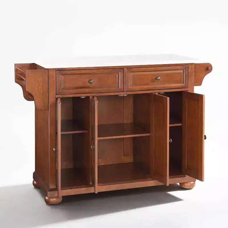 Alexandria Stone Top Full Size Kitchen Island/Cart Cherry/White - Crosley: Wood Frame, Granite Surface, 4 Doors, 5 Drawers
