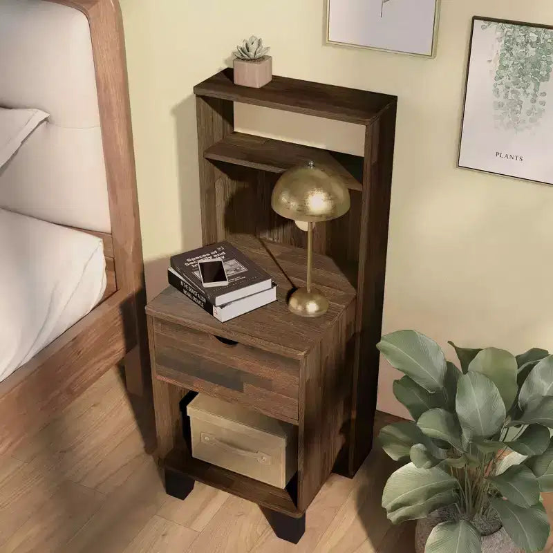 Loreman 1 Drawer Nightstand Light Hickory - miBasics: Transitional Modern Storage with Open Shelf & Cable Management