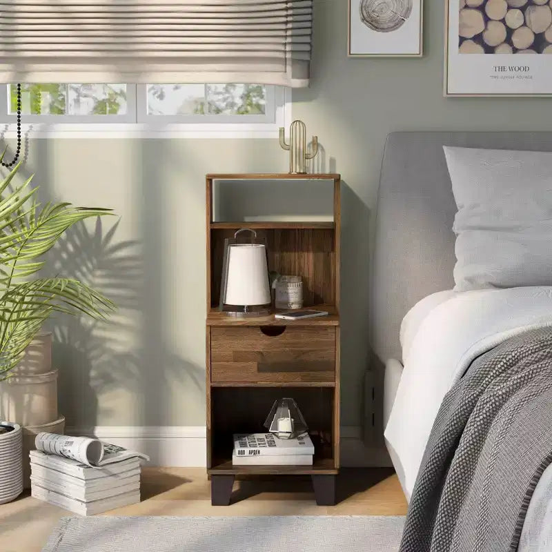 Loreman 1 Drawer Nightstand Light Hickory - miBasics: Transitional Modern Storage with Open Shelf & Cable Management