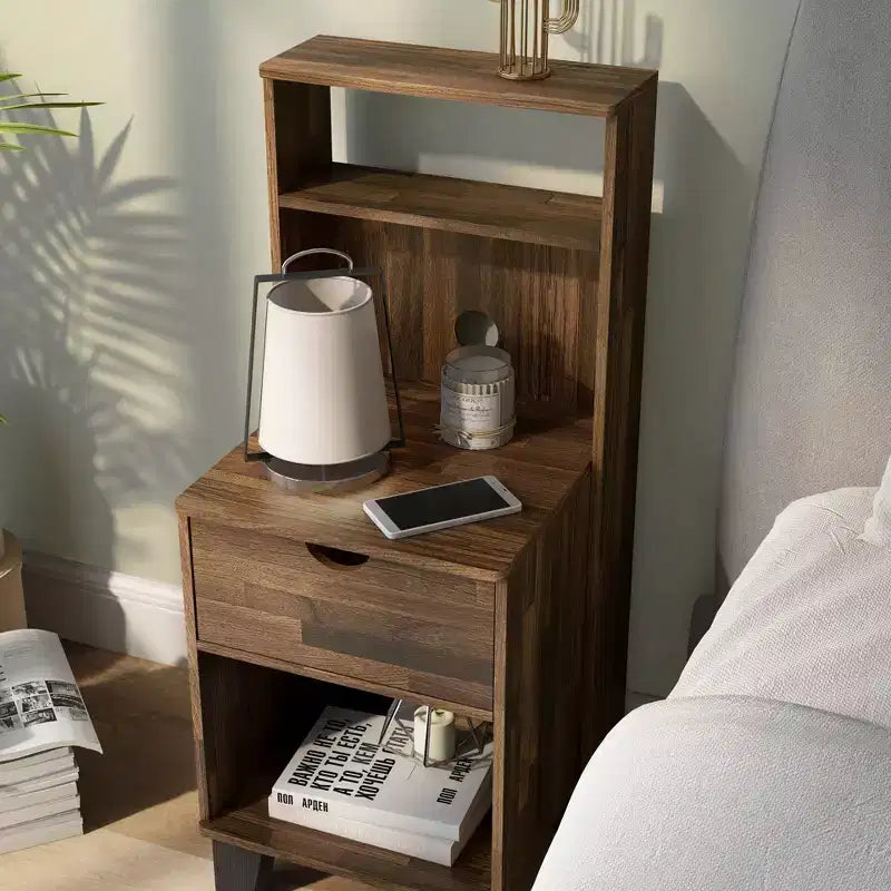 Loreman 1 Drawer Nightstand Light Hickory - miBasics: Transitional Modern Storage with Open Shelf & Cable Management