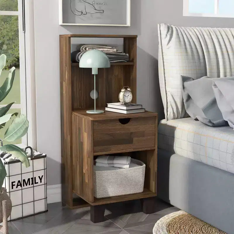 Loreman 1 Drawer Nightstand Light Hickory - miBasics: Transitional Modern Storage with Open Shelf & Cable Management