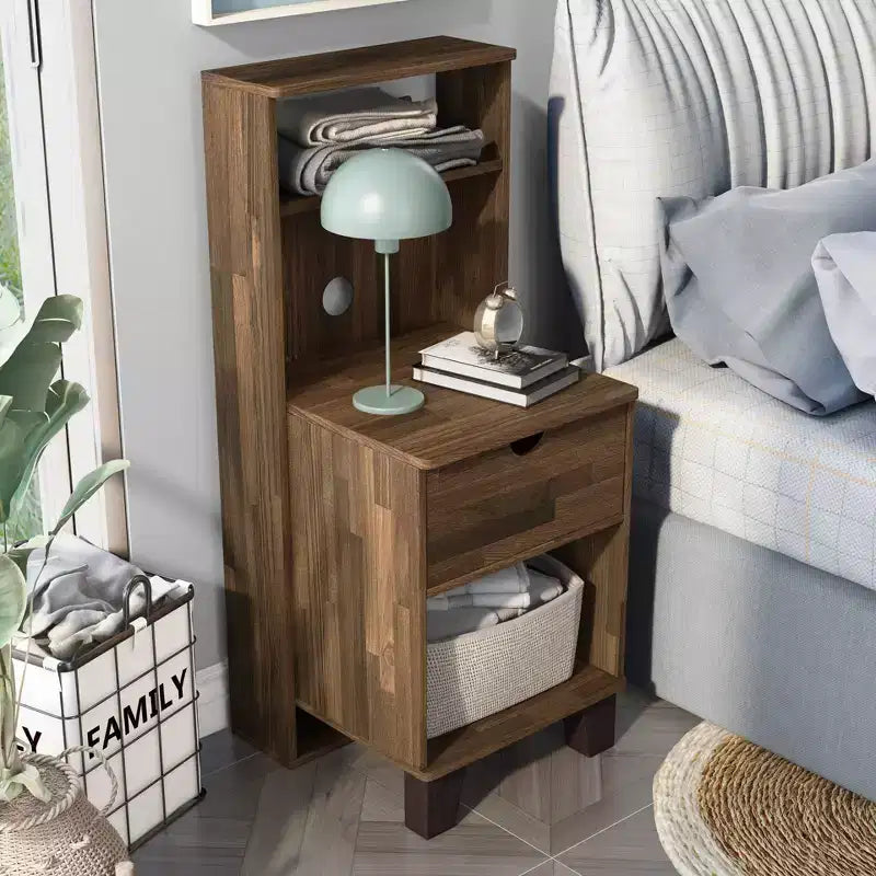 Loreman 1 Drawer Nightstand Light Hickory - miBasics: Transitional Modern Storage with Open Shelf & Cable Management