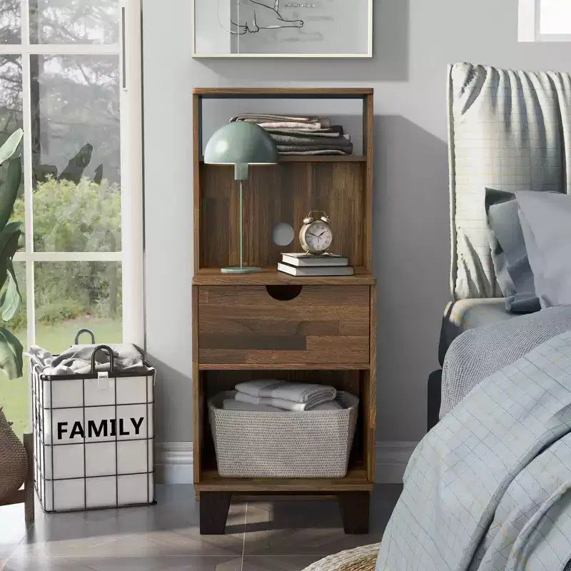 Loreman 1 Drawer Nightstand Light Hickory - miBasics: Transitional Modern Storage with Open Shelf & Cable Management