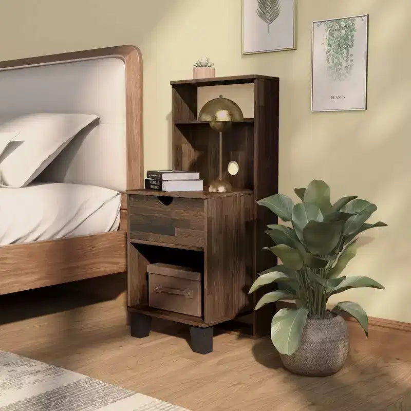 Loreman 1 Drawer Nightstand Light Hickory - miBasics: Transitional Modern Storage with Open Shelf & Cable Management