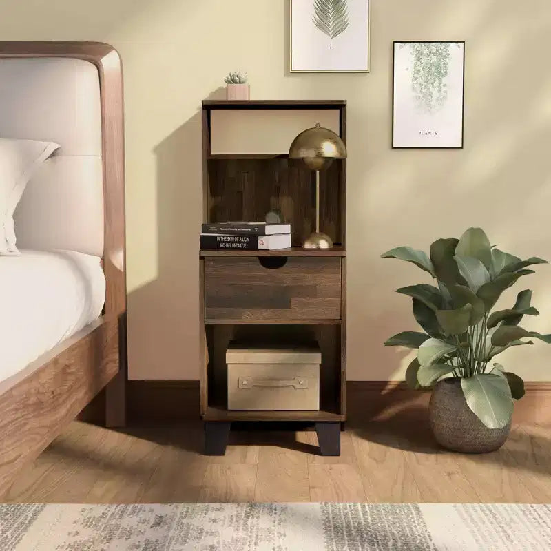 Loreman 1 Drawer Nightstand Light Hickory - miBasics: Transitional Modern Storage with Open Shelf & Cable Management