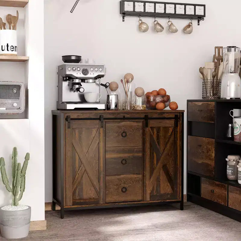 HOMCOM Industrial Farmhouse Buffet Cabinet, Kitchen Sideboard with Sliding Barn Doors, 3 Drawers and Adjustable Shelves for Living Room, Rustic Brown