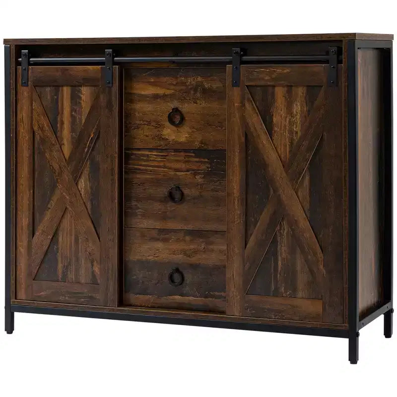 HOMCOM Industrial Farmhouse Buffet Cabinet, Kitchen Sideboard with Sliding Barn Doors, 3 Drawers and Adjustable Shelves for Living Room, Rustic Brown