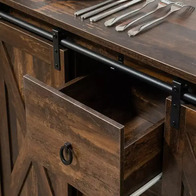 HOMCOM Industrial Farmhouse Buffet Cabinet, Kitchen Sideboard with Sliding Barn Doors, 3 Drawers and Adjustable Shelves for Living Room, Rustic Brown