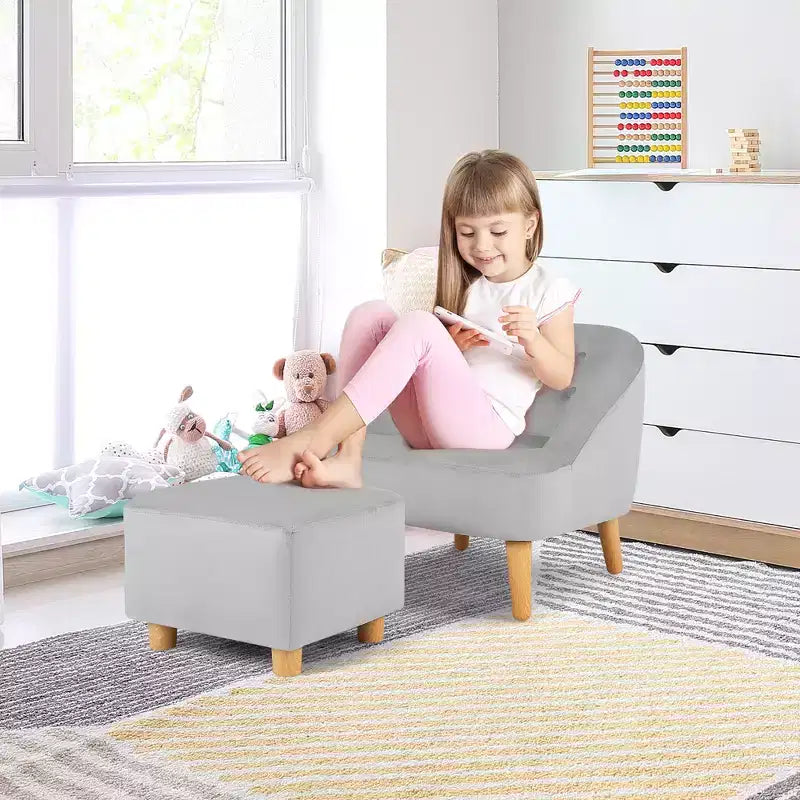 Costway Kids Sofa Chair w/ Ottoman Toddler Single Sofa Velvet Upholstered Couch Grey\Pink