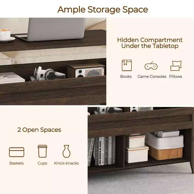 Yaheetech Lift Top Coffee Table with Storage & 2 Open Shelves for Living Room, Reception Room, Office