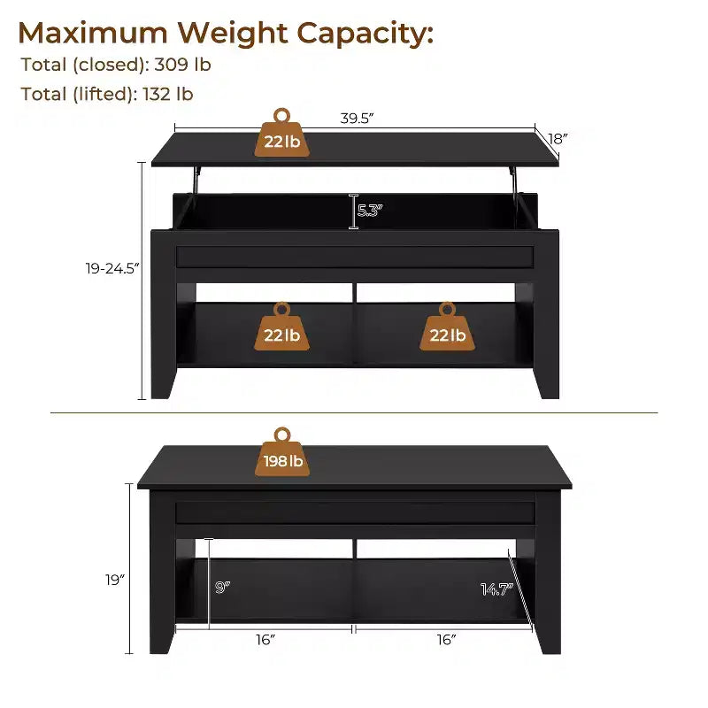 Yaheetech Lift Top Coffee Table with Storage & 2 Open Shelves for Living Room, Reception Room, Office