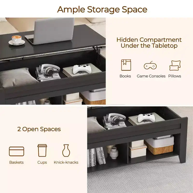 Yaheetech Lift Top Coffee Table with Storage & 2 Open Shelves for Living Room, Reception Room, Office