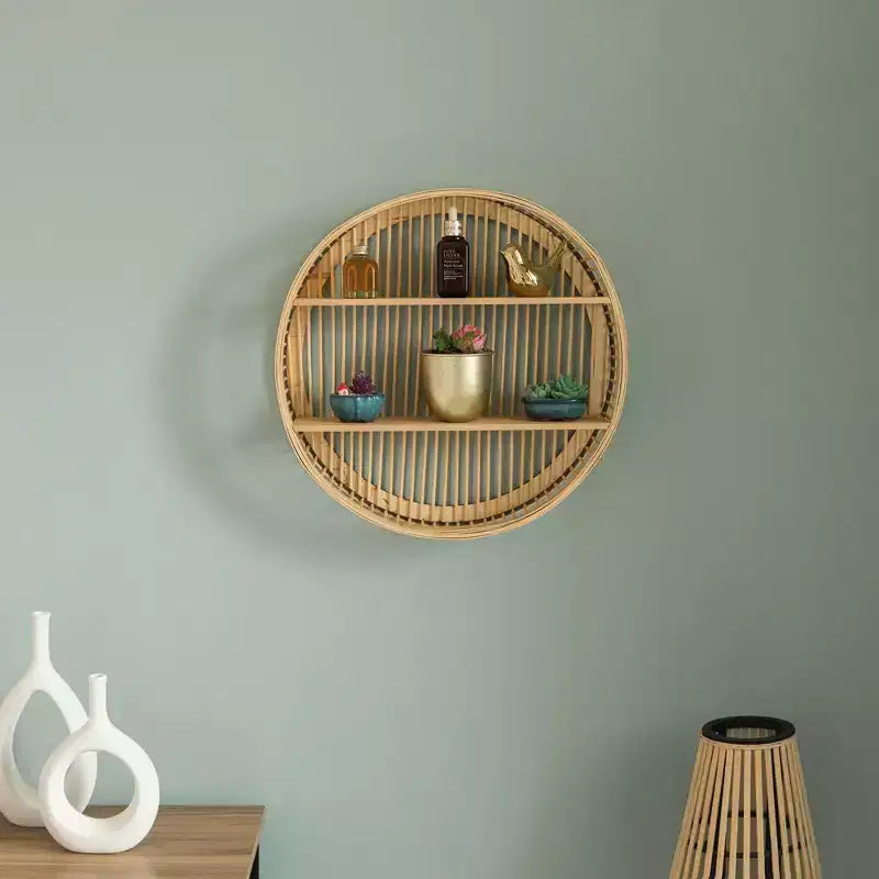 Vintiquewise Decorative Rattan Round Display Shelf With 2 Shelves for The Dining Room, Living Room, or Office.