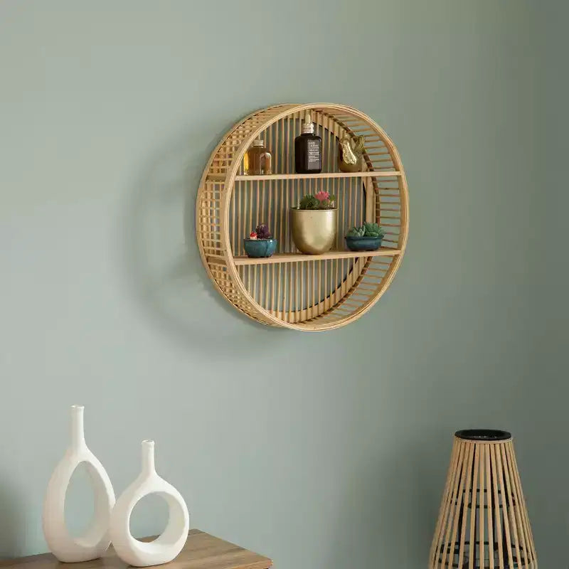 Vintiquewise Decorative Rattan Round Display Shelf With 2 Shelves for The Dining Room, Living Room, or Office.