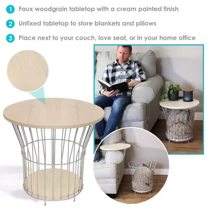 Sunnydaze Indoor Steel Wire Pedestal End Table with MDF Pull-Open Tabletop - 17.25 H - Cream
