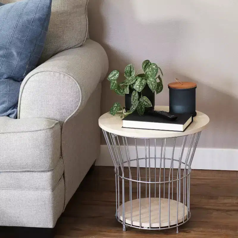 Sunnydaze Indoor Steel Wire Pedestal End Table with MDF Pull-Open Tabletop - 17.25 H - Cream