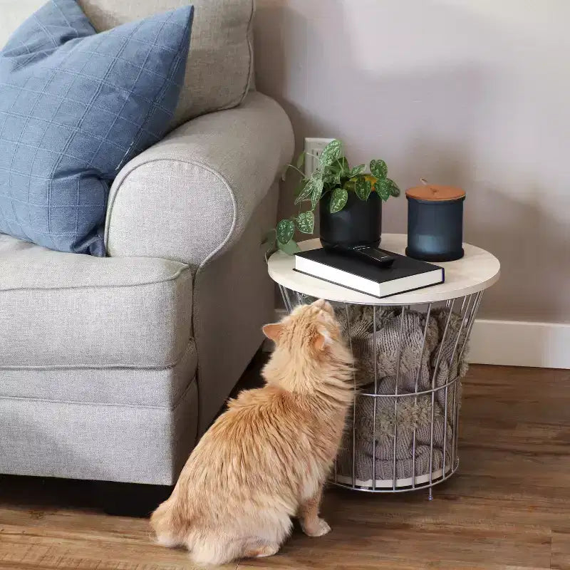 Sunnydaze Indoor Steel Wire Pedestal End Table with MDF Pull-Open Tabletop - 17.25 H - Cream
