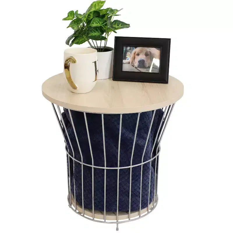 Sunnydaze Indoor Steel Wire Pedestal End Table with MDF Pull-Open Tabletop - 17.25 H - Cream