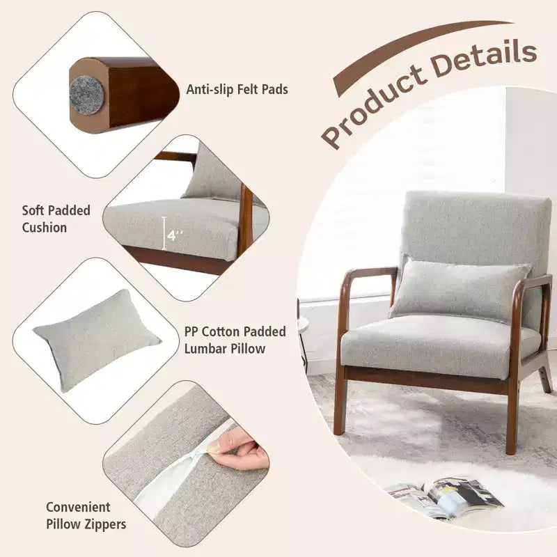 Costway 1PC/2PCS Modern Accent Chair Leisure Armchair with Rubber Wood Frame & Lumbar Pillow Gray/Beige