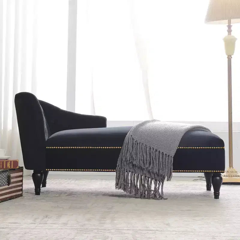 58 Velvet Chaise Lounge, Button Tufted Right Arm Facing Sleeper Lounge Chair with Nailhead Trim & Solid Wood Legs Black-ModernLuxe