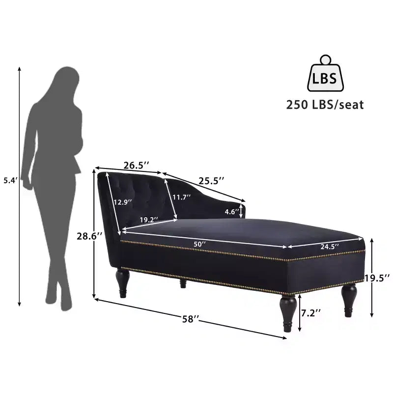 58 Velvet Chaise Lounge, Button Tufted Right Arm Facing Sleeper Lounge Chair with Nailhead Trim & Solid Wood Legs Black-ModernLuxe
