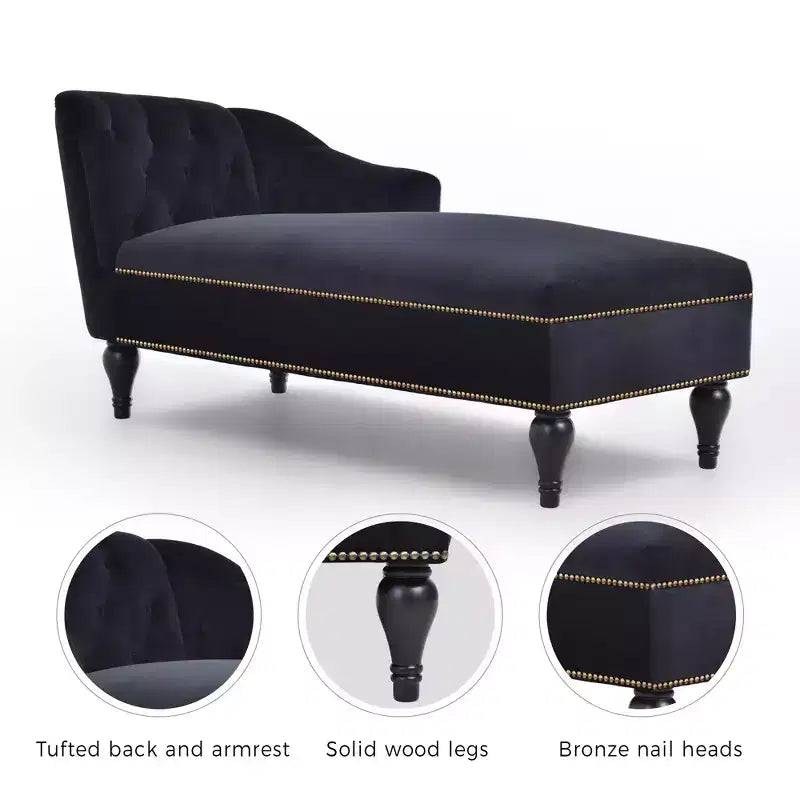 58 Velvet Chaise Lounge, Button Tufted Right Arm Facing Sleeper Lounge Chair with Nailhead Trim & Solid Wood Legs Black-ModernLuxe