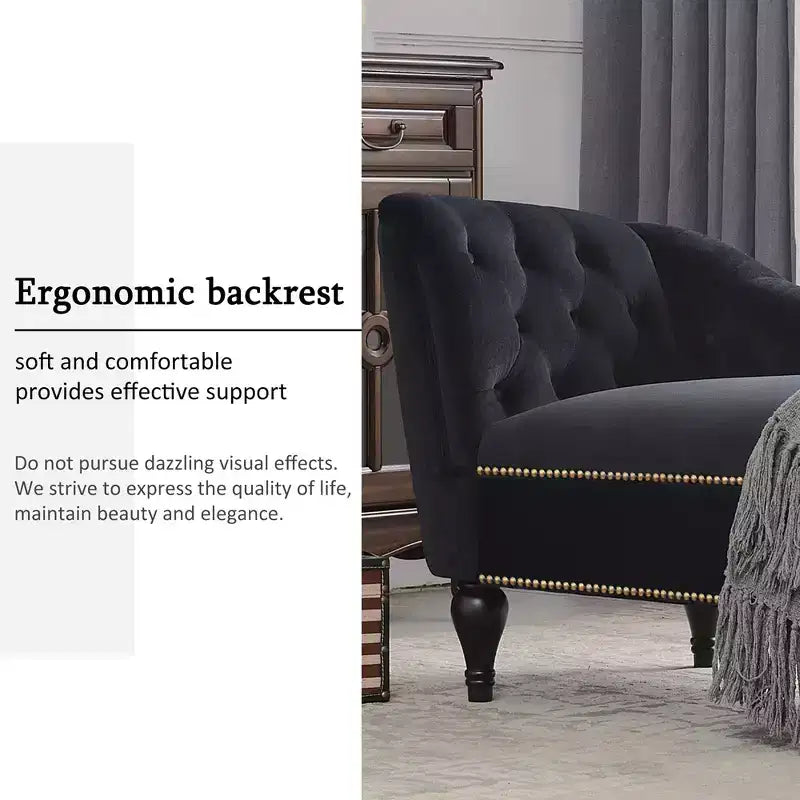 58 Velvet Chaise Lounge, Button Tufted Right Arm Facing Sleeper Lounge Chair with Nailhead Trim & Solid Wood Legs Black-ModernLuxe