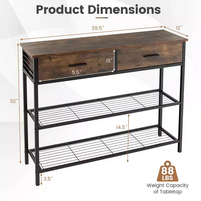Costway Console Entryway Sofa Table with 2 Drawers for Entrance Living Room Rustic Brown/Walnut