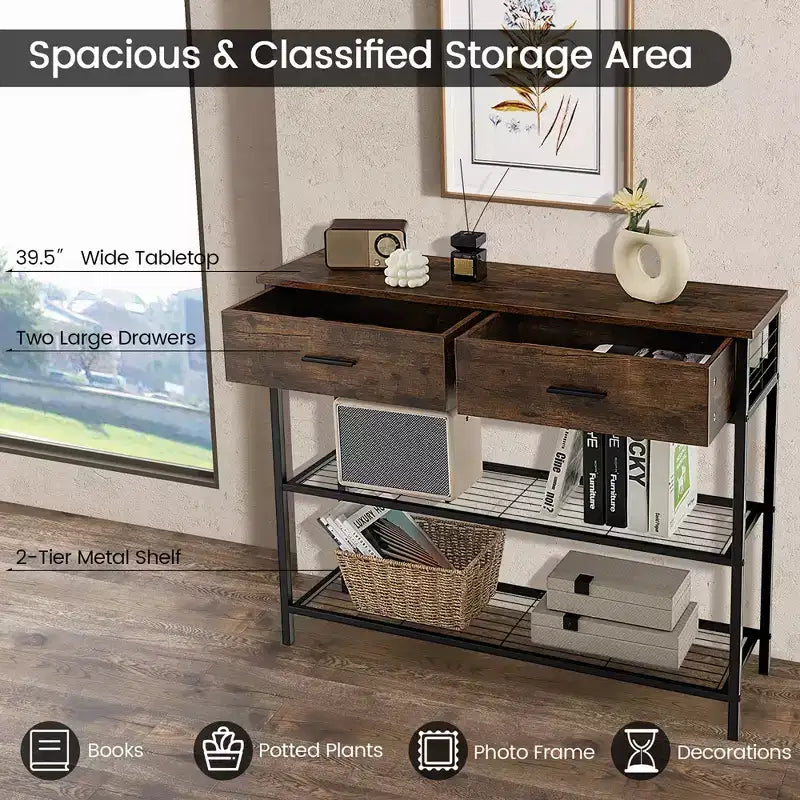 Costway Console Entryway Sofa Table with 2 Drawers for Entrance Living Room Rustic Brown/Walnut