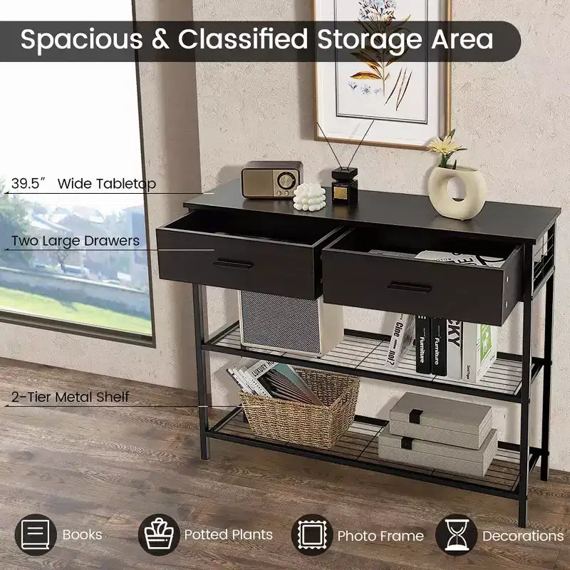 Costway Console Entryway Sofa Table with 2 Drawers for Entrance Living Room Rustic Brown/Walnut