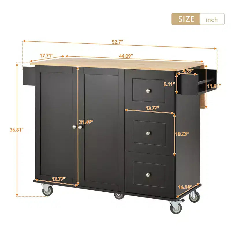 52.7 In. W Mobile Kitchen Island with Drop Leaf Wood Top, Spice Rack and Locking Wheels-ModernLuxe