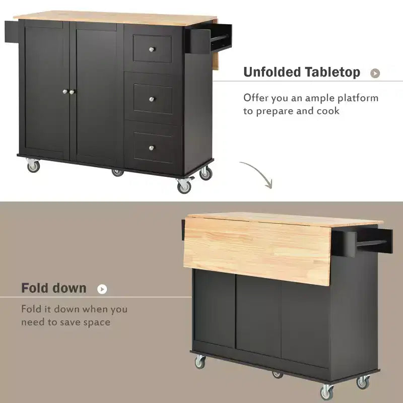 52.7 In. W Mobile Kitchen Island with Drop Leaf Wood Top, Spice Rack and Locking Wheels-ModernLuxe