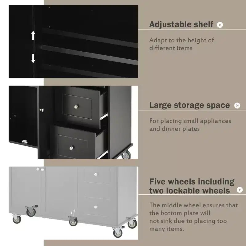 52.7 In. W Mobile Kitchen Island with Drop Leaf Wood Top, Spice Rack and Locking Wheels-ModernLuxe