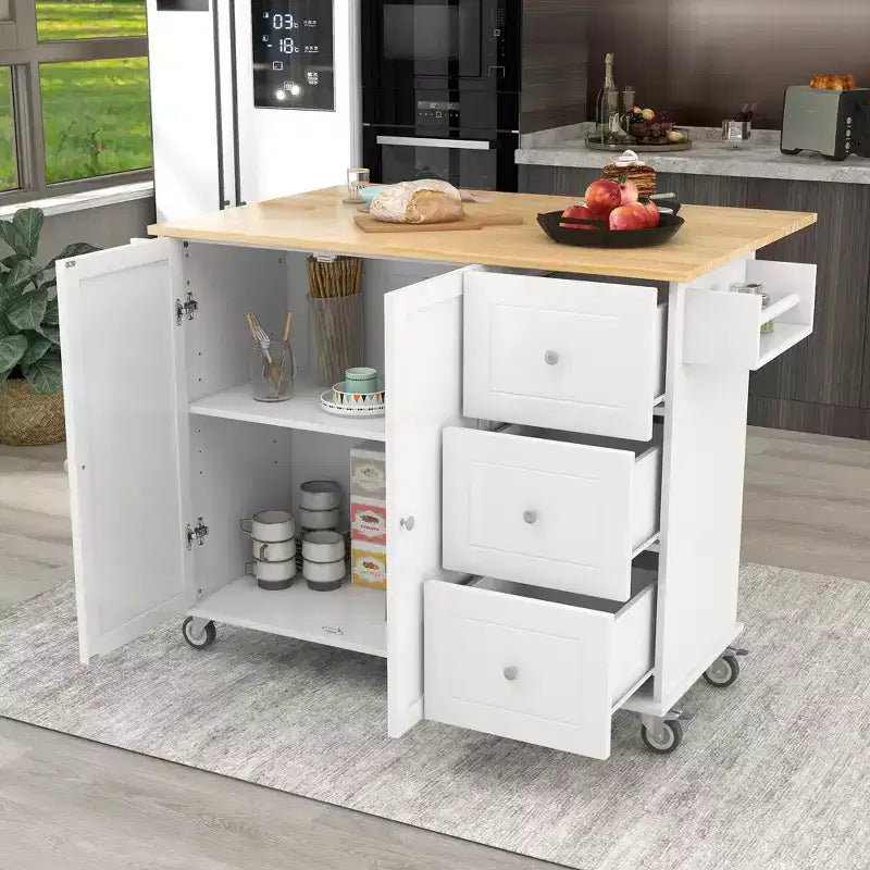 52.7 In. W Mobile Kitchen Island with Drop Leaf Wood Top, Spice Rack and Locking Wheels-ModernLuxe