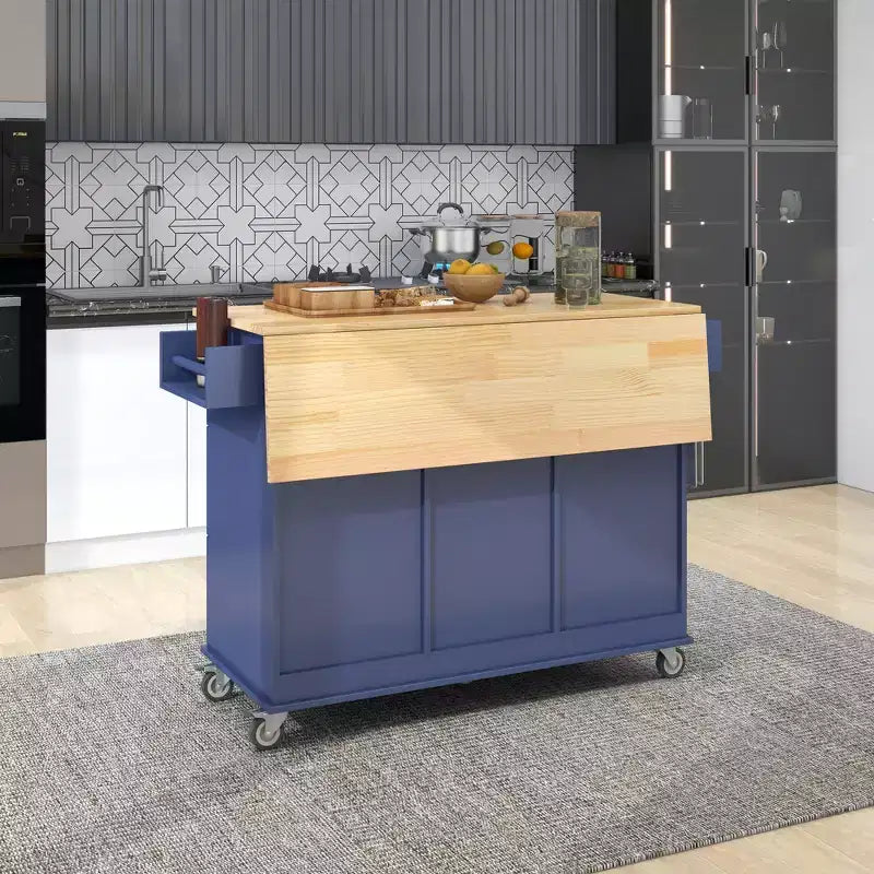 52.7 In. W Mobile Kitchen Island with Drop Leaf Wood Top, Spice Rack and Locking Wheels-ModernLuxe