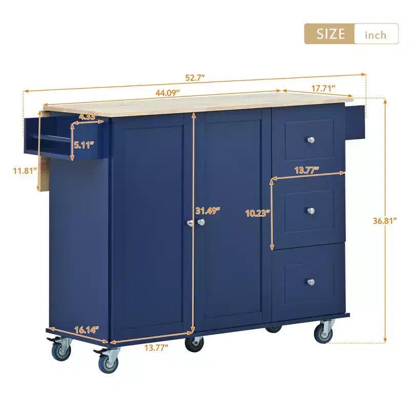 52.7 In. W Mobile Kitchen Island with Drop Leaf Wood Top, Spice Rack and Locking Wheels-ModernLuxe