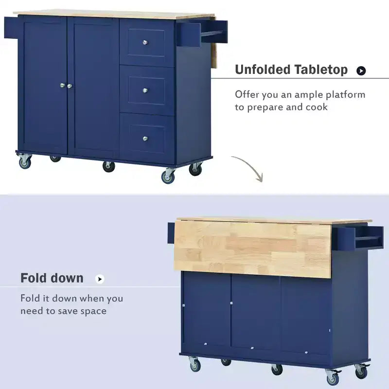 52.7 In. W Mobile Kitchen Island with Drop Leaf Wood Top, Spice Rack and Locking Wheels-ModernLuxe