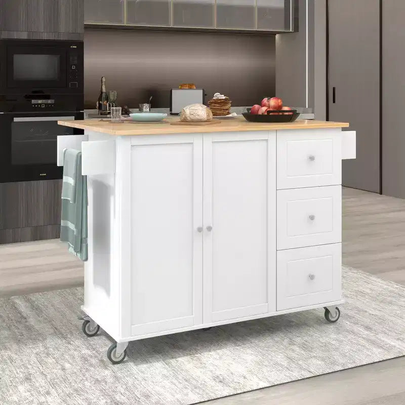 52.7 In. W Mobile Kitchen Island with Drop Leaf Wood Top, Spice Rack and Locking Wheels-ModernLuxe