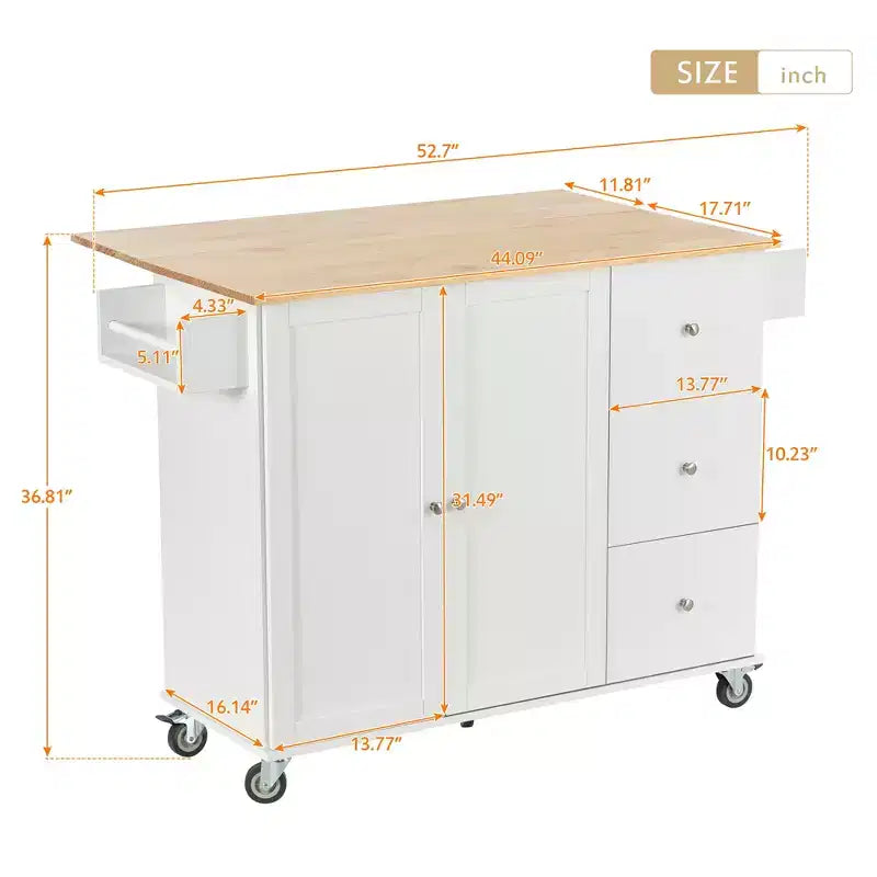 52.7 In. W Mobile Kitchen Island with Drop Leaf Wood Top, Spice Rack and Locking Wheels-ModernLuxe