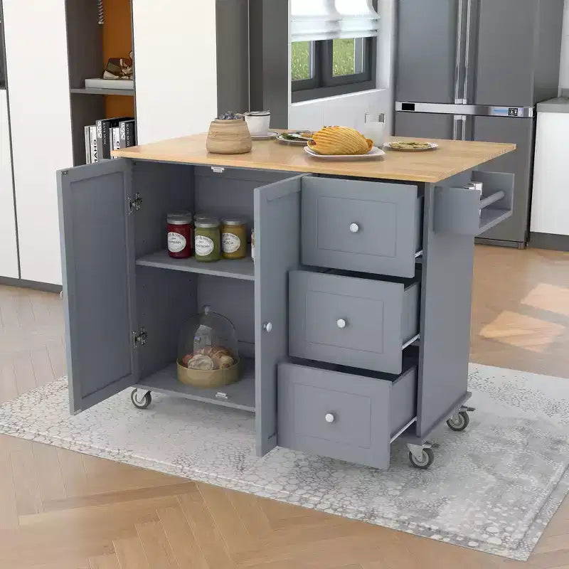 52.7 In. W Mobile Kitchen Island with Drop Leaf Wood Top, Spice Rack and Locking Wheels-ModernLuxe