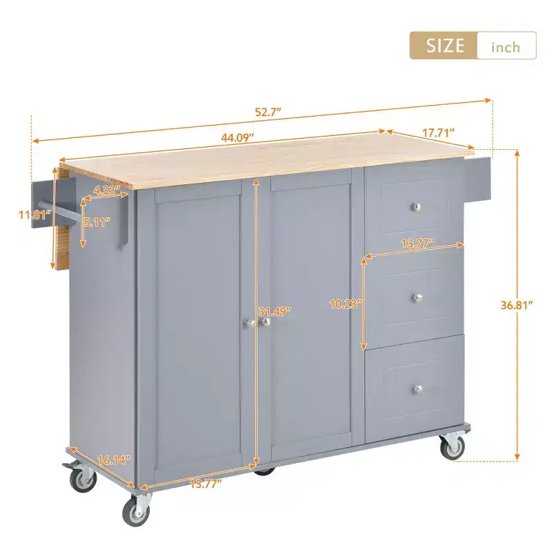 52.7 In. W Mobile Kitchen Island with Drop Leaf Wood Top, Spice Rack and Locking Wheels-ModernLuxe