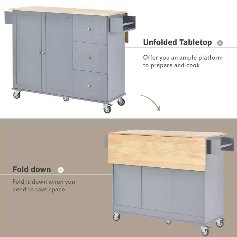 52.7 In. W Mobile Kitchen Island with Drop Leaf Wood Top, Spice Rack and Locking Wheels-ModernLuxe