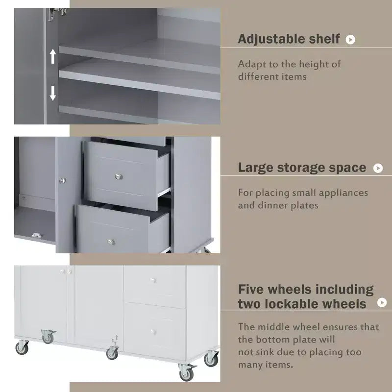 52.7 In. W Mobile Kitchen Island with Drop Leaf Wood Top, Spice Rack and Locking Wheels-ModernLuxe