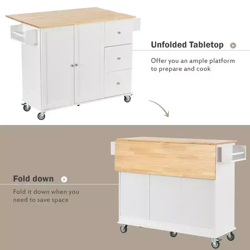 52.7 In. W Mobile Kitchen Island with Drop Leaf Wood Top, Spice Rack and Locking Wheels-ModernLuxe