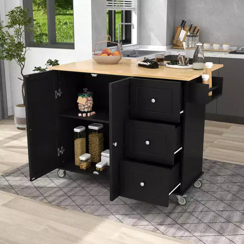 52.7 In. W Mobile Kitchen Island with Drop Leaf Wood Top, Spice Rack and Locking Wheels-ModernLuxe
