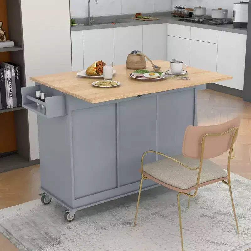 52.7 In. W Mobile Kitchen Island with Drop Leaf Wood Top, Spice Rack and Locking Wheels-ModernLuxe