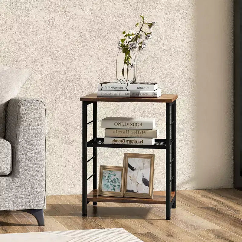 Costway 2 PCS 3-Tier Side End Table with Adjustable Mesh Shelf Narrow Nightstand